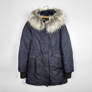 Diane Von Furstenberg Womens Winter Puffer Coat Faux Fur Hood Navy Small